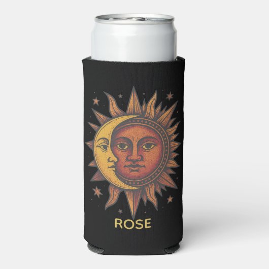 Boho Retro Zon en Maan Aangepaste Naam Seltzer Blikjeskoeler (Seltzer Achterkant)