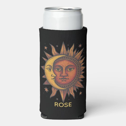 Boho Retro Zon en Maan Aangepaste Naam Seltzer Blikjeskoeler (Seltzer Voorkant)