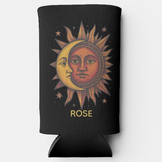 Boho Retro Zon en Maan Aangepaste Naam Seltzer Blikjeskoeler (Voorkant)