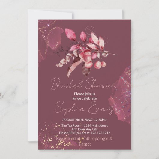 Boho Rode Bessen & Groene Tinten Bruidsfeest Borre Kaart (Voorkant)