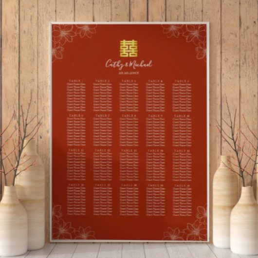 Boho rode bloemrijke Chinese trouwstoelindeling ka Poster