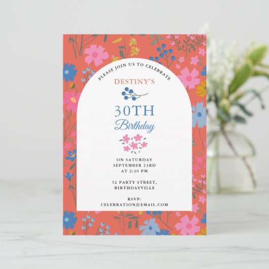 Boho Rode Bloemstuk Wilde Bloemen 30e 40e Verjaard Kaart (Staand voorkant)