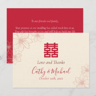 Boho rode en beige bloemrijke Chinese bruiloft Bedankkaart