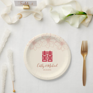 Boho rode en beige bloemrijke Chinese bruiloft Papieren Bordje