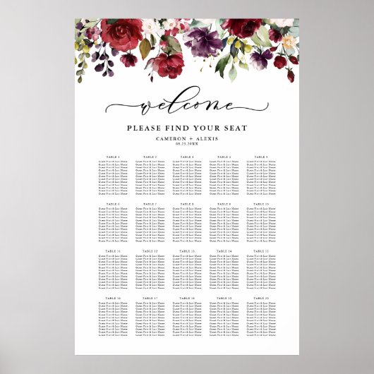 Boho Rode en Paarse Bloem Bruiloft Zitplaatskaart Poster (Voorkant)