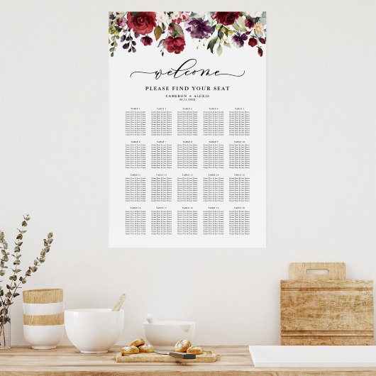 Boho Rode en Paarse Bloemige Trouwstoelindeling Poster (Keuken)