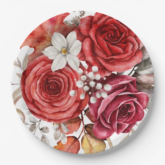 Boho Rode Herfst Bloemen Bruiloft Papieren Bordje (Voorkant)