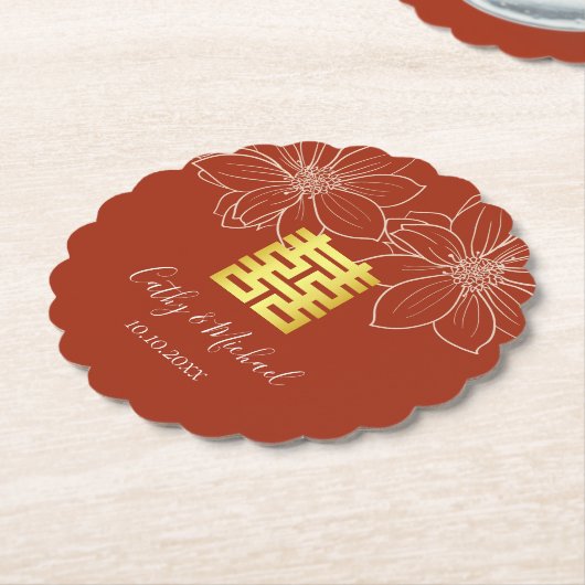 Boho rode moderne bloemen Chinese bruiloft Kartonnen Onderzetters (Gekanteld)