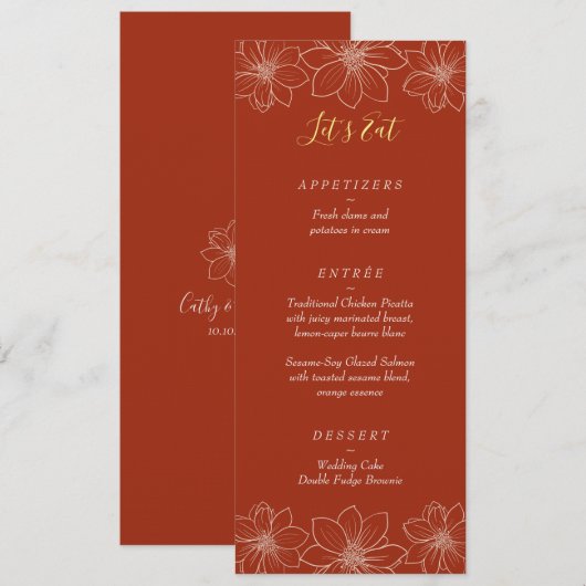 Boho rode moderne bloemen Chinese bruiloft Menu (Voorkant / Achterkant)