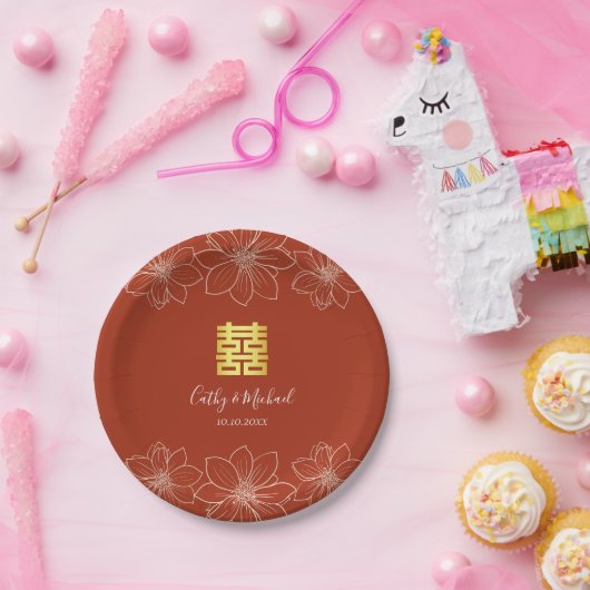 Boho rode moderne bloemen Chinese bruiloft Papieren Bordje (Feest)