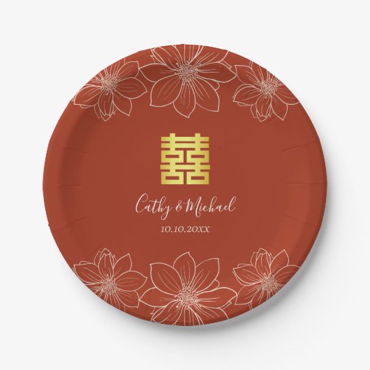 Boho rode moderne bloemen Chinese bruiloft Papieren Bordje (Voorkant)