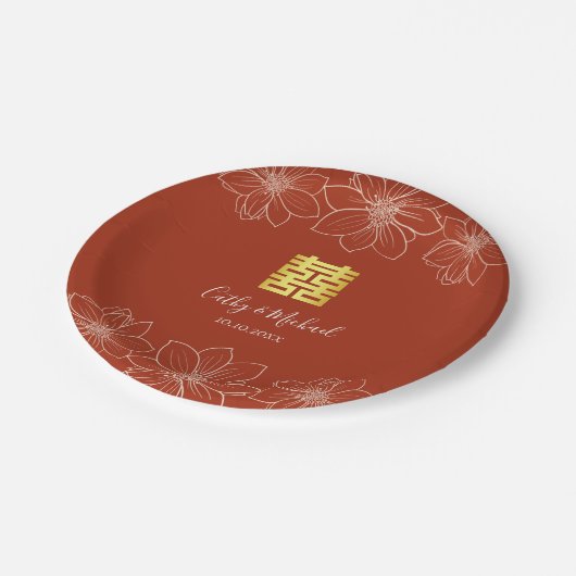 Boho rode moderne bloemen Chinese bruiloft Papieren Bordje (Gekanteld)