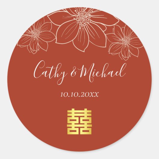 Boho rode moderne bloemen Chinese bruiloft Ronde Sticker (Voorkant)