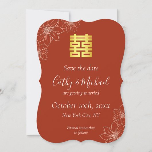 Boho rode moderne bloemen Chinese bruiloft Save The Date (Voorkant)