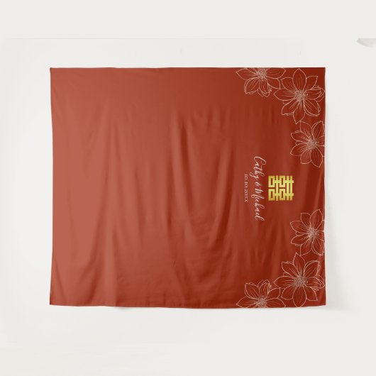 Boho rode moderne bloemen Chinese bruiloft Wandkleed (Voorkant (horizontaal))