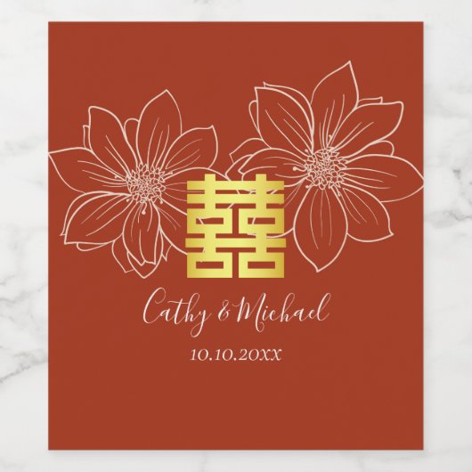 Boho rode moderne bloemen Chinese bruiloft Wijn Etiket (Enkel label)