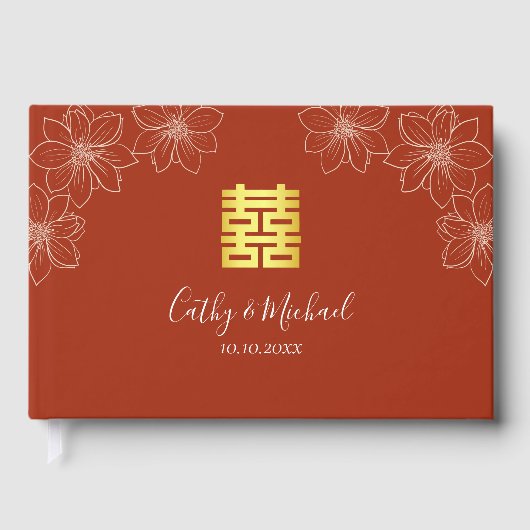 Boho rode moderne bloemige Chinese bruiloft Gastenboek (Voorkant)