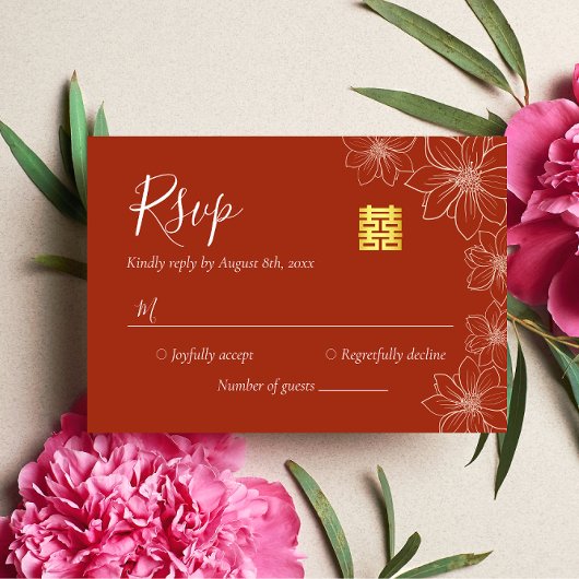 Boho rode moderne bloemige Chinese bruiloft RSVP Kaartje