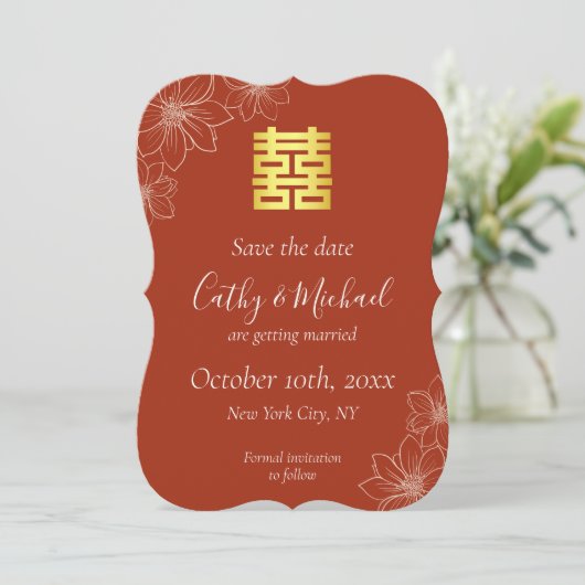 Boho rode moderne bloemige Chinese bruiloft Save The Date (Staand voorkant)