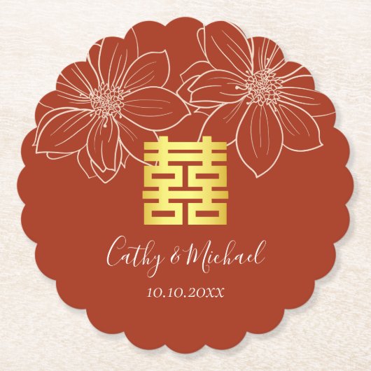 Boho rode moderne bloemrijke Chinese bruiloft Kartonnen Onderzetters (Voorkant)