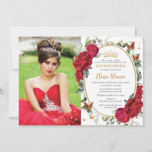 Boho Rode Pioenen Bloemenvlinders Quinceañera Kaart (Voorkant)
