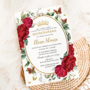 Boho Rode Pioenen Bloemenvlinders Quinceañera Kaart