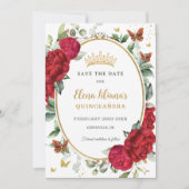 Boho Rode Pioenen Bloemenvlinders Quinceañera Save The Date (Voorkant)
