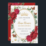 Boho Rode Pioenen Bloemenvlinders Quinceañera Save The Date<br><div class="desc">Personaliseer deze boho chique rode bloemenquinceañera / Sweet 16 verjaardag en bewaar de datum gemakkelijk en snel. Klik op de knop verder aanpassen om de teksten te bewerken, lettertypen en lettertypekleuren te wijzigen. Met prachtige levendige waterverf rode pioenbloemen, een gouden prinsessenkroon en rode en gouden vlinders. Overeenkomende objecten beschikbaar in...</div>