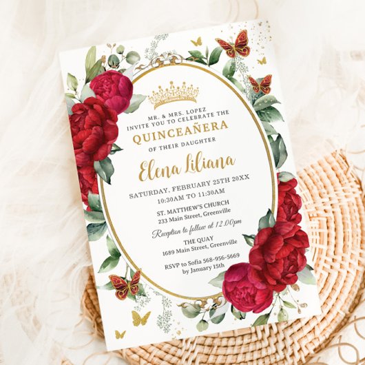 Boho Rode Pioenrozen Bloemvlinders Quinceañera Kaart