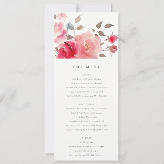 Boho Rode Roze Roos Bloemen Trouw Menu Kaart (Voorkant)