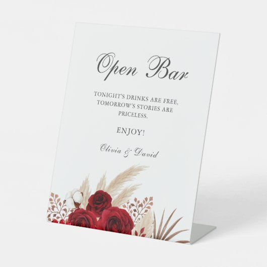 Boho Rode Rozen Pampagras Open Bar Reclamebord Met Voetstuk (Voorkant)
