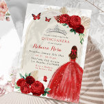Boho Rode Rozen Prinses Royal Quinceañera Kaart<br><div class="desc">Boho rode rozen prinses koninklijke quinceañera uitnodiging</div>