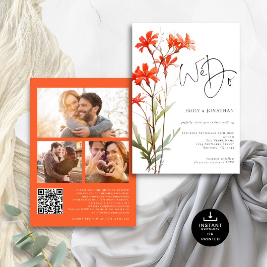 Boho Rode Wildbloemen We doen 3 foto QR Bruiloft Kaart