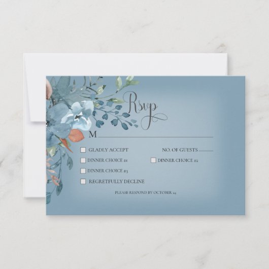 Boho Roest & Blauw Bloemen Bruiloft Blauw Diner RSVP Kaartje (Voorkant)