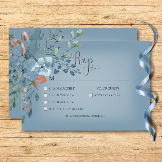 Boho Roest & Blauw Bloemen Bruiloft Blauw Diner RSVP Kaartje