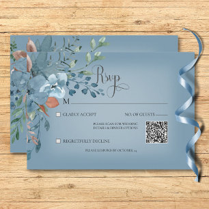 Boho Roest & Blauw Bloemen Bruiloft Blauw QR Code RSVP Kaartje