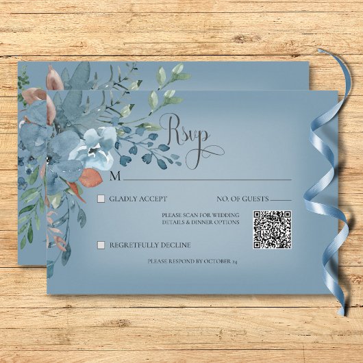 Boho Roest & Blauw Bloemen Bruiloft Blauw QR Code RSVP Kaartje