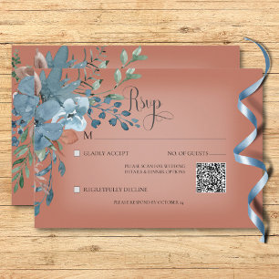 Boho Roest & Blauw Bloemen Bruiloft Roest QR Code RSVP Kaartje