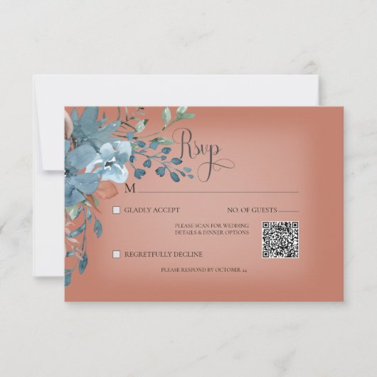 Boho Roest & Blauw Bloemen Bruiloft Roest QR Code RSVP Kaartje (Voorkant)