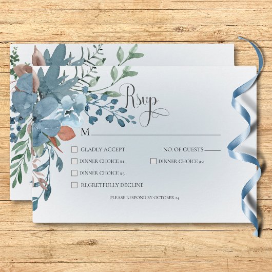 Boho Roest & Blauw Bloemen Bruiloft Wit Diner RSVP Kaartje