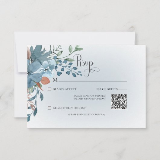 Boho Roest & Blauw Bloemen Bruiloft Wit QR Code RSVP Kaartje (Voorkant)