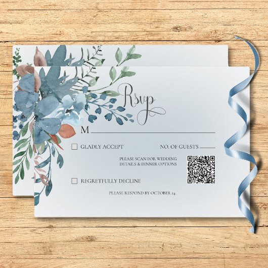 Boho Roest & Blauw Bloemen Bruiloft Wit QR Code RSVP Kaartje