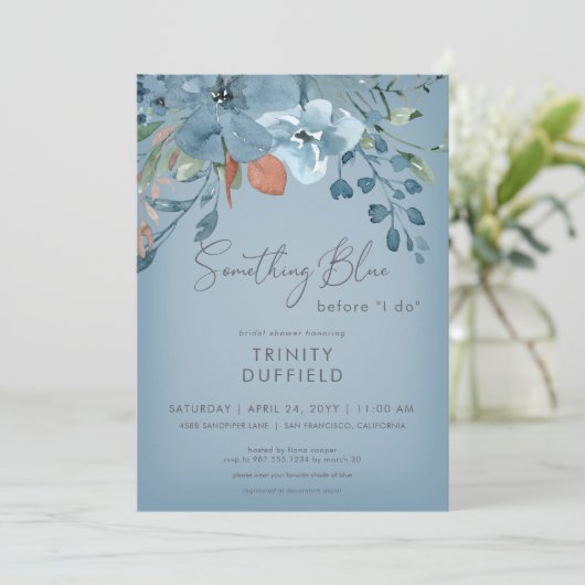 Boho Roest Blauw Bloemig Iets Blauws Bruiloftsfees Kaart (Staand voorkant)