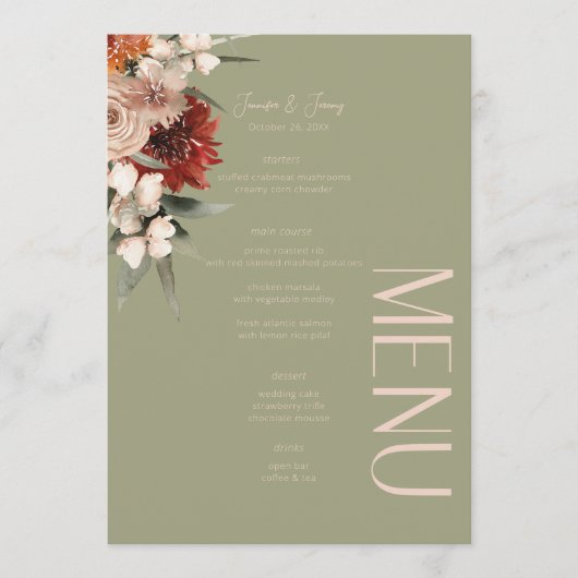 Boho Roest & Neutraal Saliegroen Herfst Bloem Brui Menu (Voorkant)