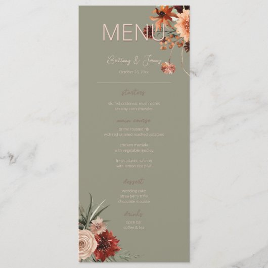 Boho Roest Neutrale Herfst Bloemen Salie Groene Br Menu (Voorkant)