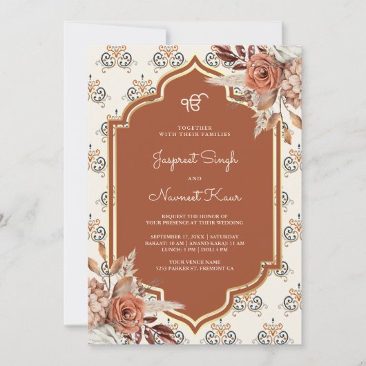 Boho Roest Oranje Punjabi Anand Karaj Sikh Huwelij Kaart (Voorkant)