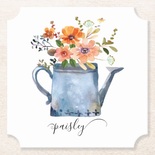 Boho Roest Oranje Waterverf Bloemen Gietkan Kartonnen Onderzetters (Voorkant)
