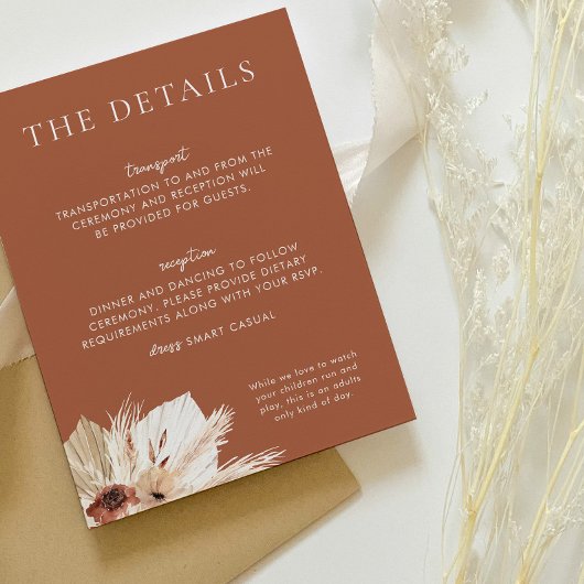 Boho roest terracotta bruiloft details informatiekaartje
