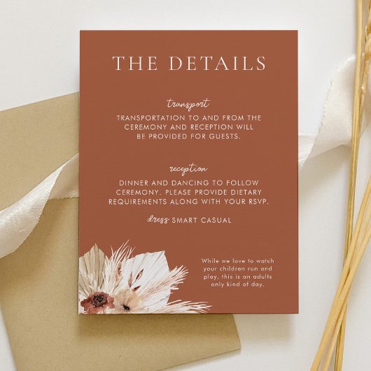 Boho roest terracotta bruiloft details informatiekaartje