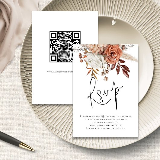 Boho Roestige Bloemen Script QR Code Trouw RSVP ka Informatiekaartje